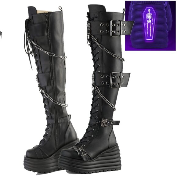 Demonia Morty Thigh High Platform Goth Punk Rocker Boots Stretch Big Buckles
